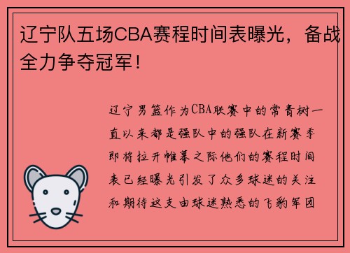 辽宁队五场CBA赛程时间表曝光，备战全力争夺冠军！